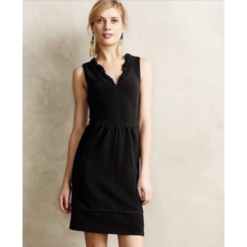 Anthropologie Maeve Black Ruffled Sleeveless Ottoman Mini Dress M EUC Cocktail